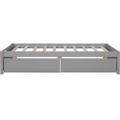 Grey twin platform bed with two underbed storage drawers, made from solid wood with a modern low-profile design—perfect for kids, teens, or guest rooms.

