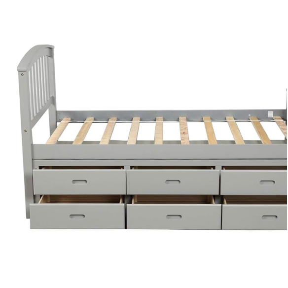 Grey twin bed frame made from solid pine wood with underbed storage drawers, finished in non-toxic paint with a slatted base, ideal for children or teens in a modern bedroom.

