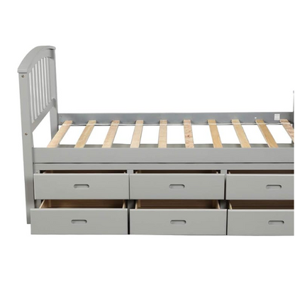 Grey twin bed frame made from solid pine wood with underbed storage drawers, finished in non-toxic paint with a slatted base, ideal for children or teens in a modern bedroom.

