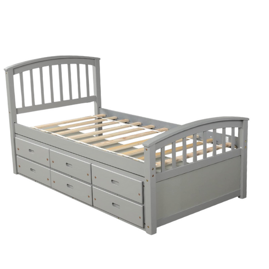 Grey twin bed frame made from solid pine wood with underbed storage drawers, finished in non-toxic paint with a slatted base, ideal for children or teens in a modern bedroom.

