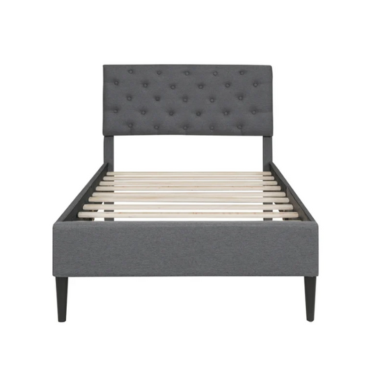Grey twin upholstered bed frame with button-tufted adjustable headboard, wooden slats, and soft linen fabric for kids or guest rooms.

