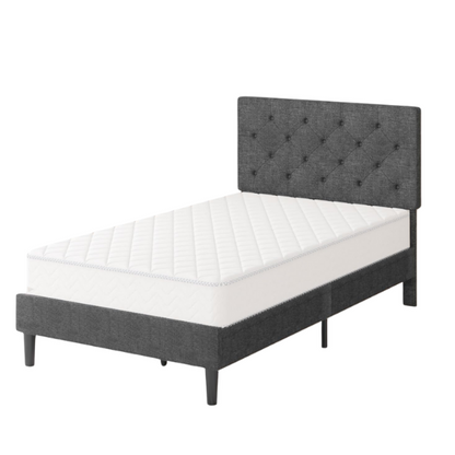 Grey twin upholstered bed frame with button-tufted adjustable headboard, wooden slats, and soft linen fabric for kids or guest rooms.

