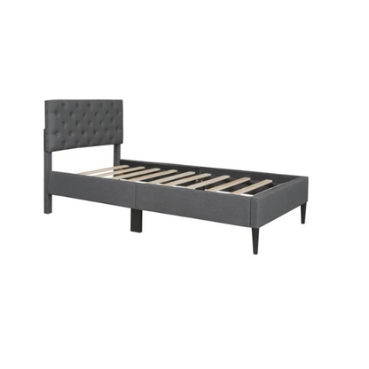Grey twin upholstered bed frame with button-tufted adjustable headboard, wooden slats, and soft linen fabric for kids or guest rooms.

