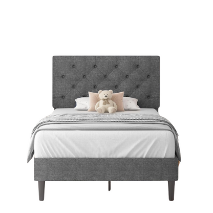 Grey twin upholstered bed frame with button-tufted adjustable headboard, wooden slats, and soft linen fabric for kids or guest rooms.

