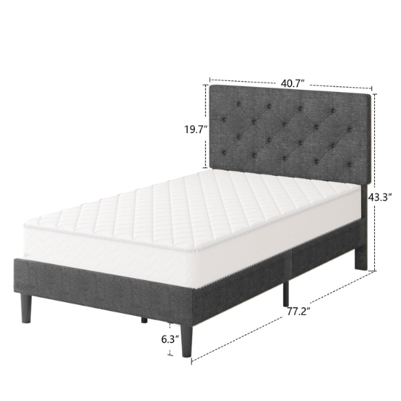 Grey twin upholstered bed frame with button-tufted adjustable headboard, wooden slats, and soft linen fabric for kids or guest rooms.

