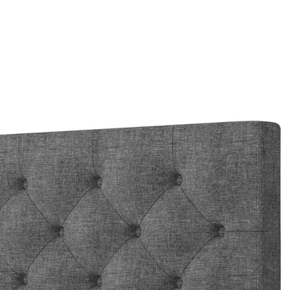 Grey twin upholstered bed frame with button-tufted adjustable headboard, wooden slats, and soft linen fabric for kids or guest rooms.

