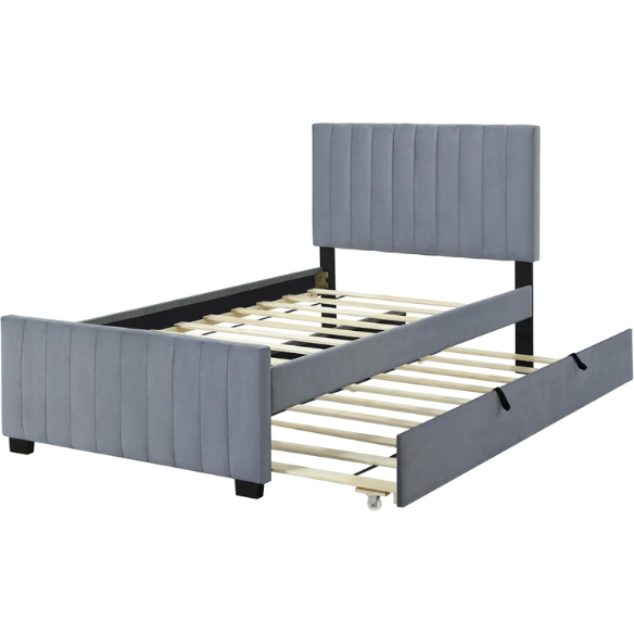 Grey twin upholstered platform bed with tufted velvet headboard and pull-out trundle, ideal for kids, teens, or guest rooms, featuring a soft grey finish and space-saving design.

