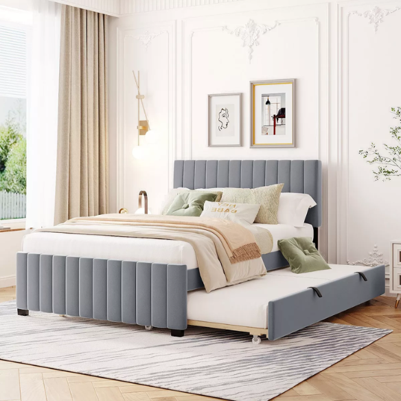 Grey twin upholstered platform bed with tufted velvet headboard and pull-out trundle, ideal for kids, teens, or guest rooms, featuring a soft grey finish and space-saving design.


