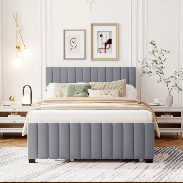 Grey twin upholstered platform bed with tufted velvet headboard and pull-out trundle, ideal for kids, teens, or guest rooms, featuring a soft grey finish and space-saving design.

