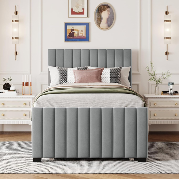 Grey twin upholstered platform bed with tufted velvet headboard and pull-out trundle, ideal for kids, teens, or guest rooms, featuring a soft grey finish and space-saving design.

