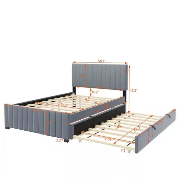 Grey twin upholstered platform bed with tufted velvet headboard and pull-out trundle, ideal for kids, teens, or guest rooms, featuring a soft grey finish and space-saving design.

