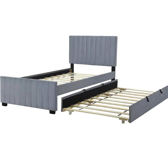 Grey twin upholstered platform bed with tufted velvet headboard and pull-out trundle, ideal for kids, teens, or guest rooms, featuring a soft grey finish and space-saving design.

