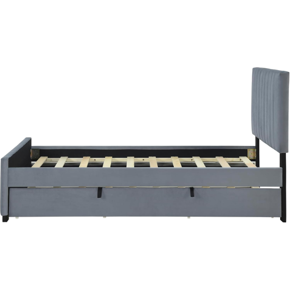 Grey twin upholstered platform bed with tufted velvet headboard and pull-out trundle, ideal for kids, teens, or guest rooms, featuring a soft grey finish and space-saving design.

