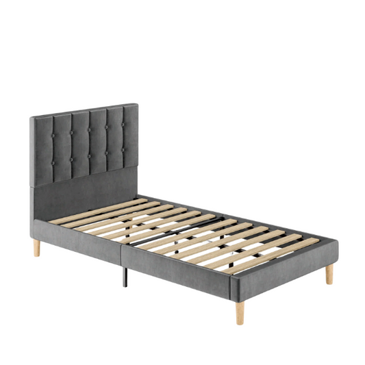Grey twin bed frame with tufted velvet headboard, sturdy metal and wood construction, and 7.9-inch under-bed storage clearance.