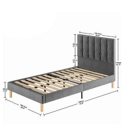 Grey twin bed frame with tufted velvet headboard, sturdy metal and wood construction, and 7.9-inch under-bed storage clearance.