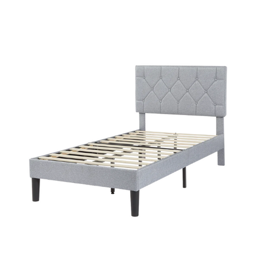 Grey upholstered twin platform bed frame with diamond-tufted linen headboard, sturdy metal construction, and center support legs, no box spring needed.

