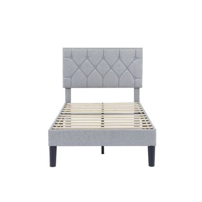 Grey upholstered twin platform bed frame with diamond-tufted linen headboard, sturdy metal construction, and center support legs, no box spring needed.

