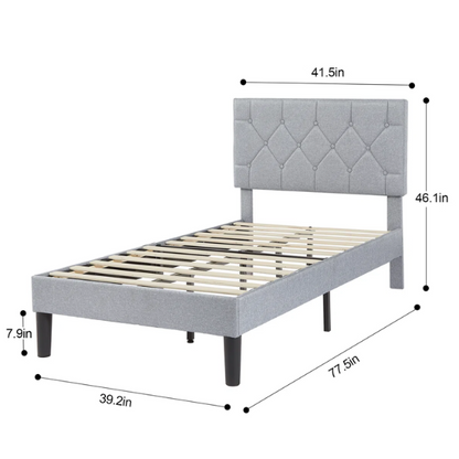 Grey upholstered twin platform bed frame with diamond-tufted linen headboard, sturdy metal construction, and center support legs, no box spring needed.

