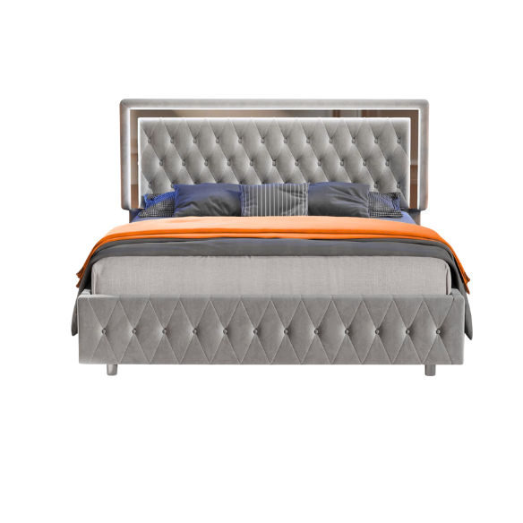 Grey velvet full size platform bed with LED lighted tufted headboard and mirrored accents, featuring modern style and underbed storage clearance.

