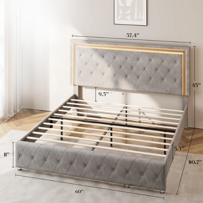 Grey velvet full size platform bed with LED lighted tufted headboard and mirrored accents, featuring modern style and underbed storage clearance.

