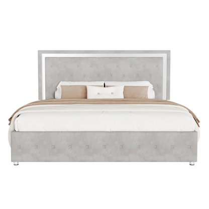 Grey velvet full size platform bed with LED lighted tufted headboard and mirrored accents, featuring modern style and underbed storage clearance.

