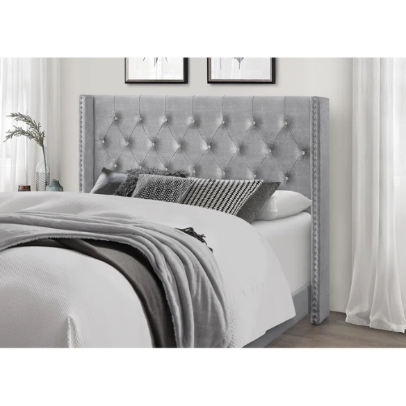 Grey velvet full size upholstered bed with button-tufted wingback headboard, nailhead trim, and solid wood frame.