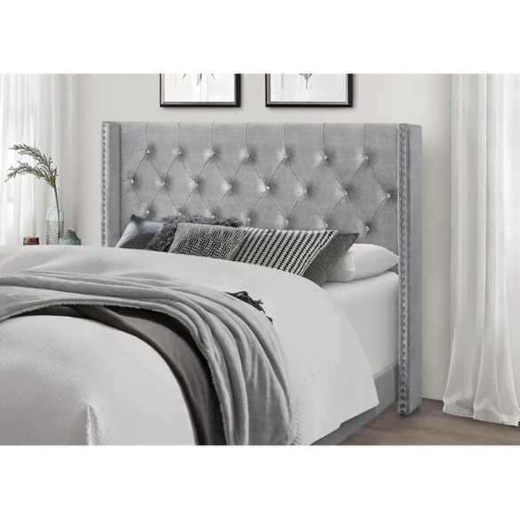 Grey velvet full size upholstered bed with button-tufted wingback headboard, nailhead trim, and solid wood frame.