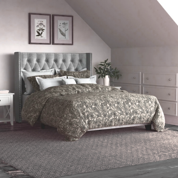 Grey velvet full size upholstered bed with button-tufted wingback headboard, nailhead trim, and solid wood frame.