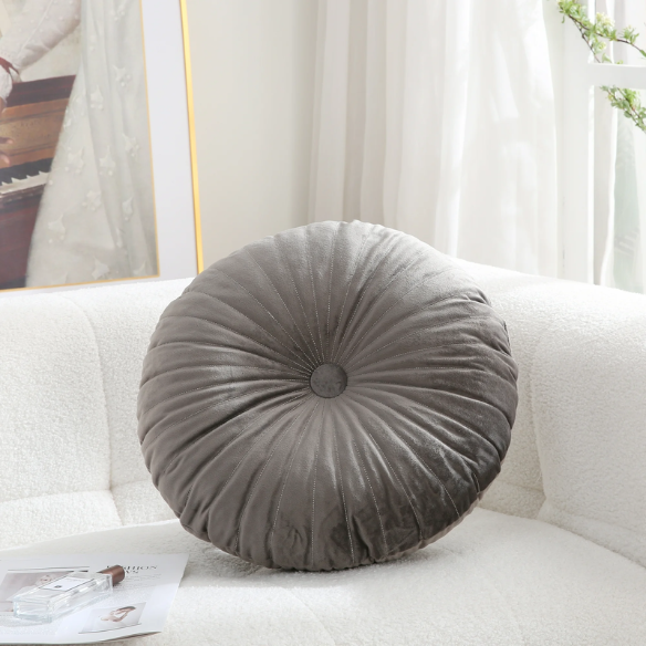 Grey Velvet Round Throw Pillow with Button Detail - Soft Cotton Fill