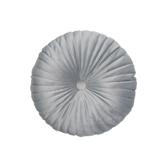 Grey Velvet Round Throw Pillow with Button Detail - Soft Cotton Fill