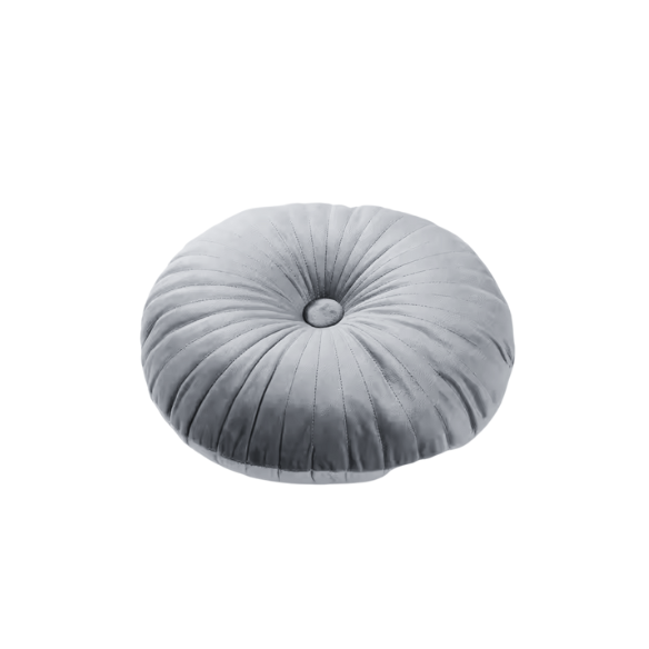 Grey Velvet Round Throw Pillow with Button Detail - Soft Cotton Fill