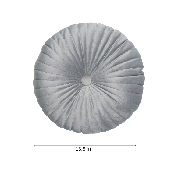 Grey Velvet Round Throw Pillow with Button Detail - Soft Cotton Fill