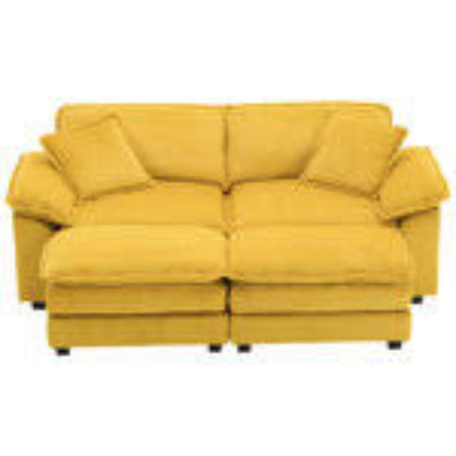 Luxurious yellow velvet sofa with soft ribbed corduroy upholstery, featuring high-resilience foam cushioning and pocket spring support for ultimate comfort. Sturdy solid wood frame and sleek black plastic legs enhance durability and modern appeal, perfect for any living room, office, or bedroom.