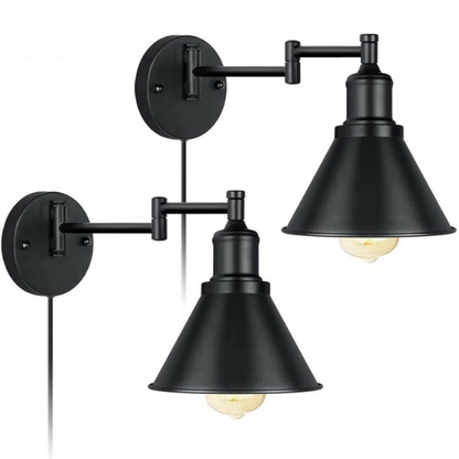 Industrial matte black swing arm wall sconce with adjustable arm and E26 bulb socket, perfect for vintage-inspired interiors.