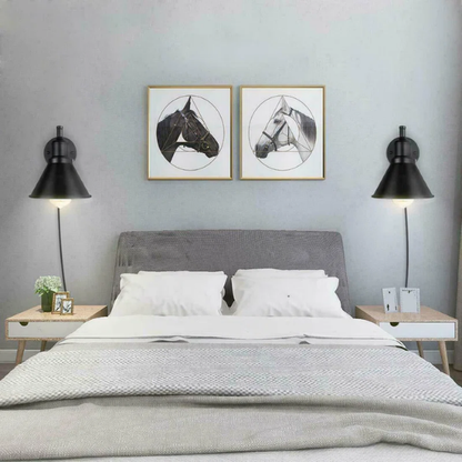 Industrial matte black swing arm wall sconce with adjustable arm and E26 bulb socket, perfect for vintage-inspired interiors.