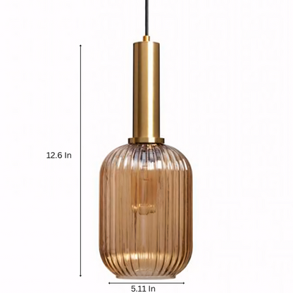 Industrial vintage pendant light with ribbed amber glass and brass finish for modern home decor.