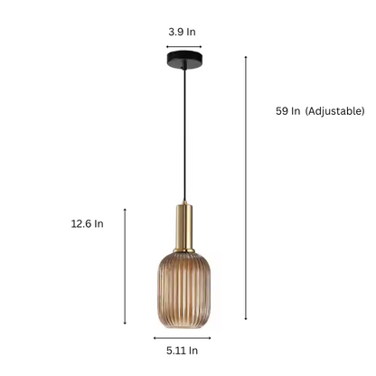 Industrial vintage pendant light with ribbed amber glass and brass finish for modern home decor.