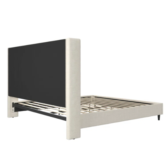 Ivory bouclé upholstered king-size platform bed with tall wingback headboard, wood slats, and no box spring required.

