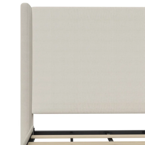 Ivory canvas upholstered king platform bed with tall wingback headboard and no box spring required