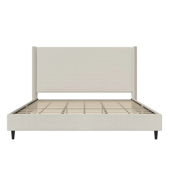 Ivory canvas upholstered king platform bed with tall wingback headboard and no box spring required