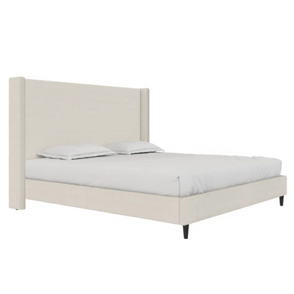 Ivory canvas upholstered king platform bed with tall wingback headboard and no box spring required