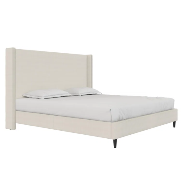 Ivory canvas upholstered king platform bed with tall wingback headboard and no box spring required