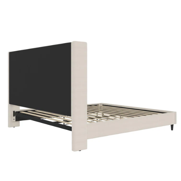 Ivory canvas upholstered king platform bed with tall wingback headboard and no box spring required