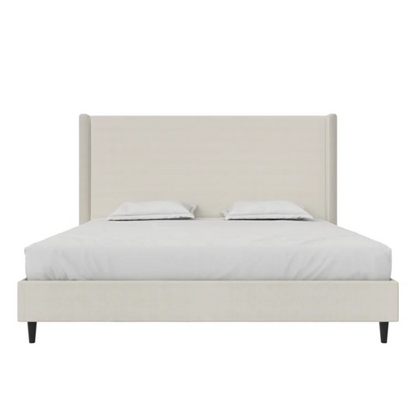 Ivory canvas upholstered king platform bed with tall wingback headboard and no box spring required