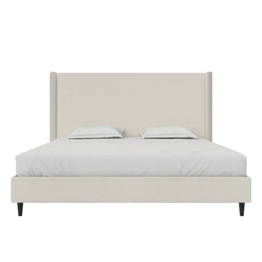 Ivory canvas upholstered king platform bed with tall wingback headboard and no box spring required