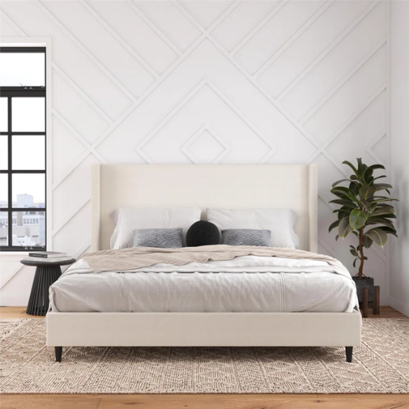Ivory canvas upholstered king platform bed with tall wingback headboard and no box spring required