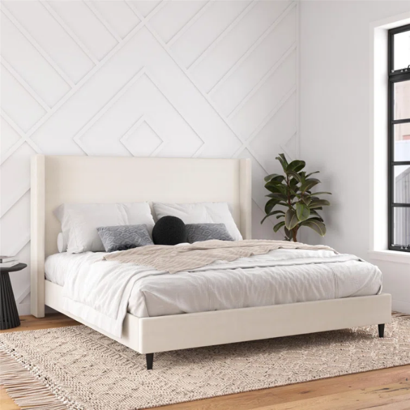 Ivory canvas upholstered king platform bed with tall wingback headboard and no box spring required