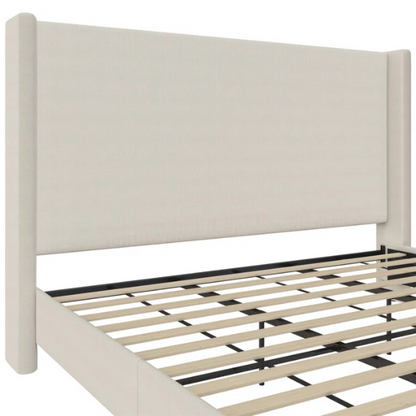 Ivory canvas upholstered king platform bed with tall wingback headboard and no box spring required