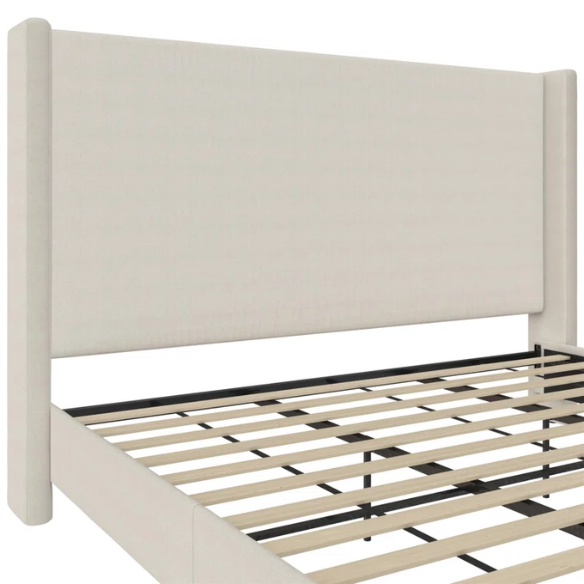 Ivory canvas upholstered king platform bed with tall wingback headboard and no box spring required