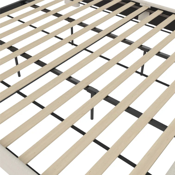 Ivory canvas upholstered king platform bed with tall wingback headboard and no box spring required